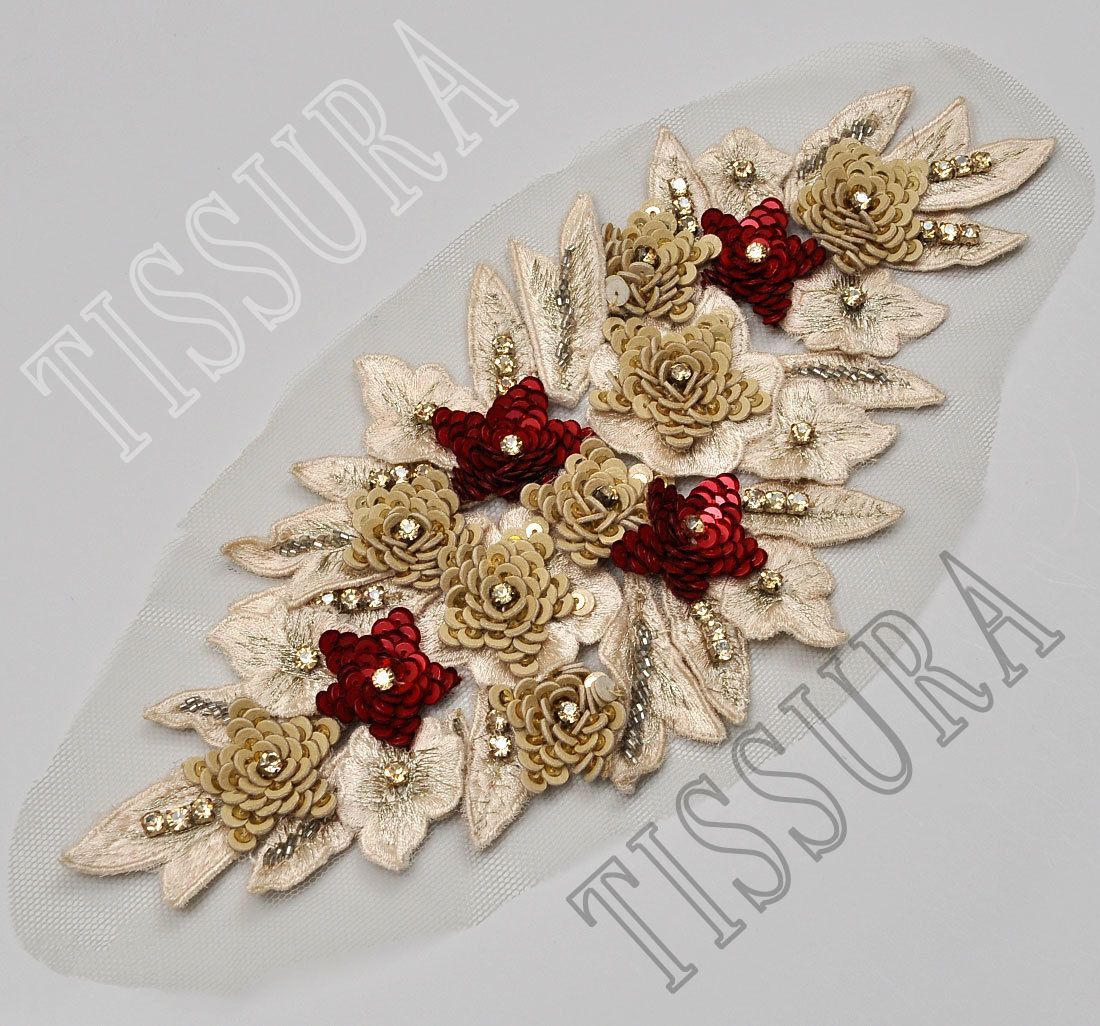 Floral Appliques With Sequins, Zardozi Appliqué Patch In Red And Gold –  Knicknacknook