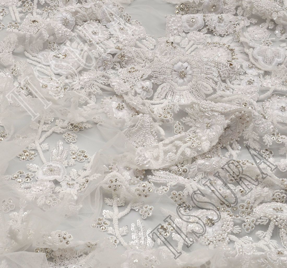 White Sequin & Bead Embroidered Tulle Fabric: Exclusive Bridal Fabrics ...