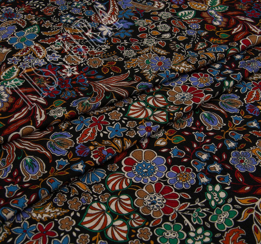 thumbnail image 2 of Hawaiian Print Rayon Spandex Jersey Knit Fabric – Beautiful Red & Black Flowers, 58-60" Wide, 8.5-9 Oz, Sold By The Yard 2 of 6