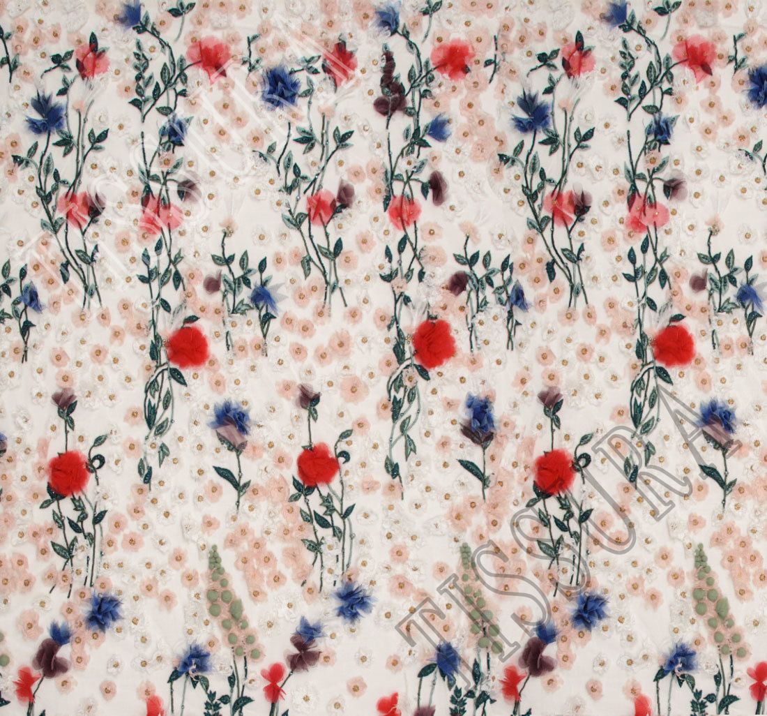 Floral Applique Beaded Tulle Fabric Exclusive Fabrics from India, SKU